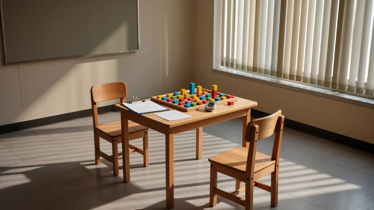 Assessment room with testing materials arranged on a small table