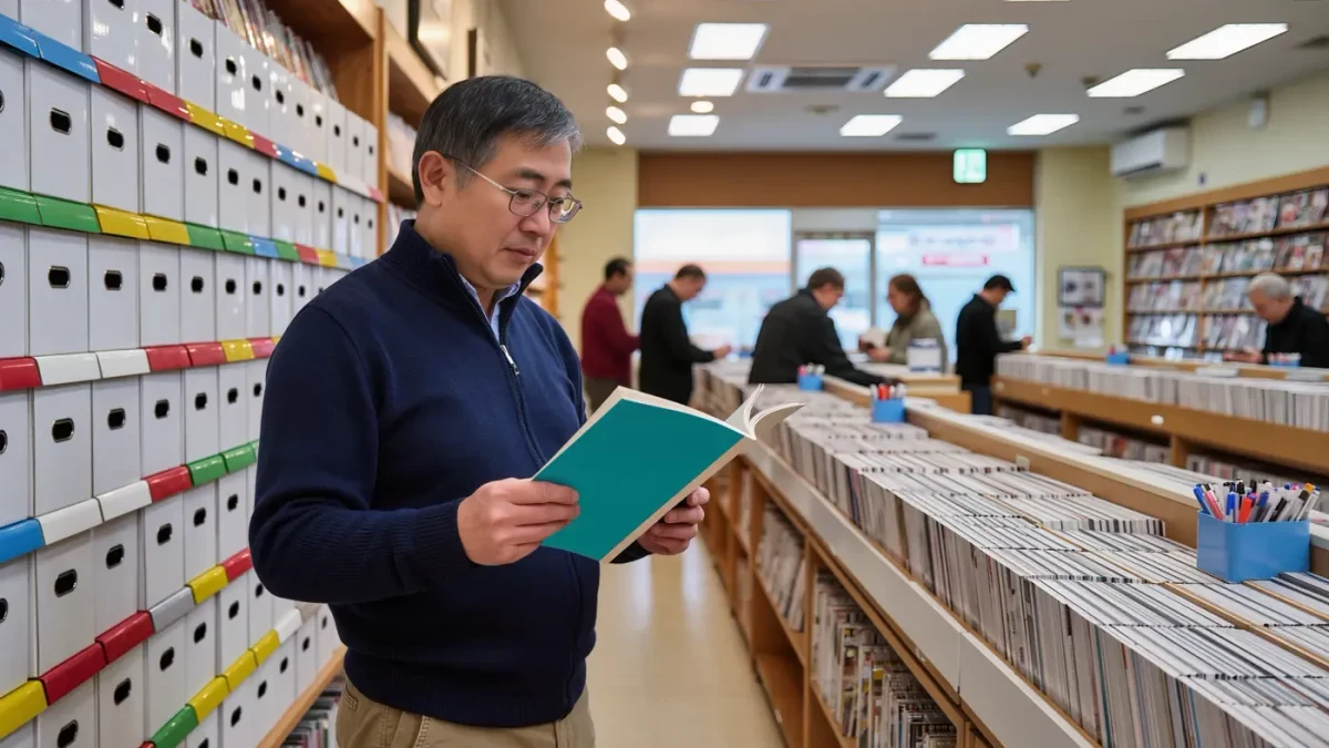 Collector comparing two comic issues side by side at a shop