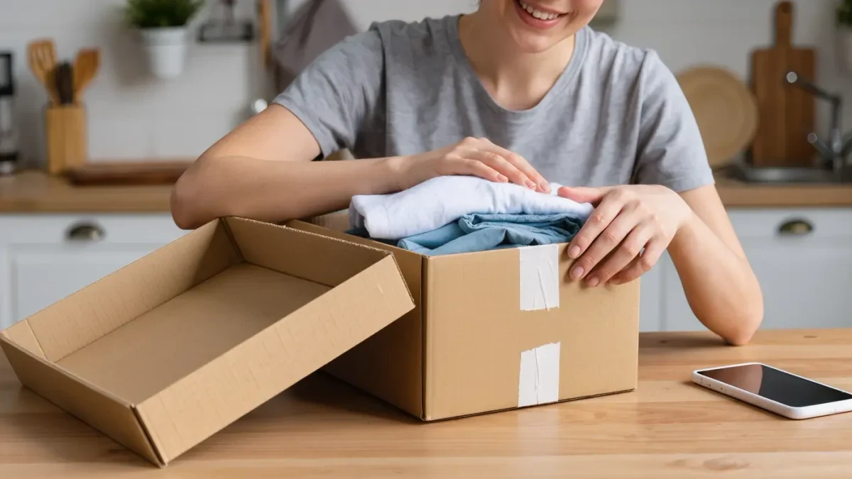 Young woman at a kitchen table opening a parcel with folded clothing inside