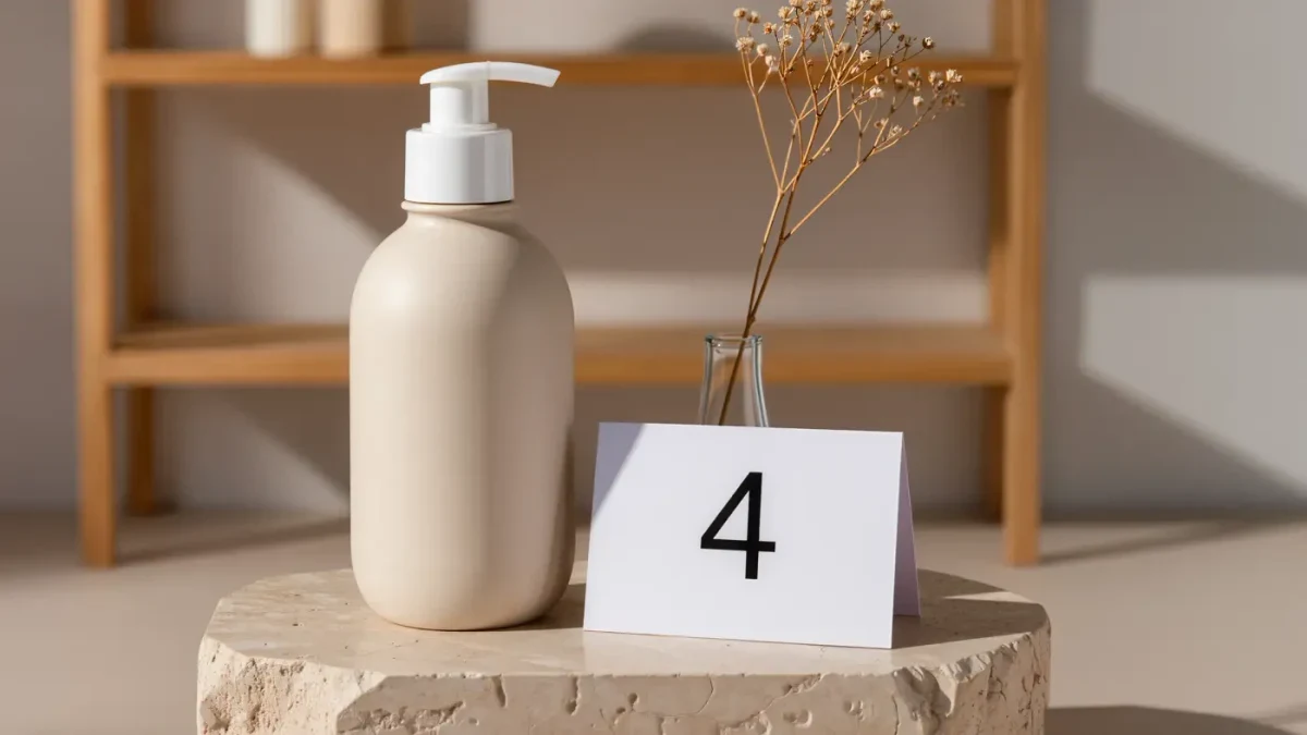 Close-up of an unbranded numbered product on a plinth inside a pop-up store