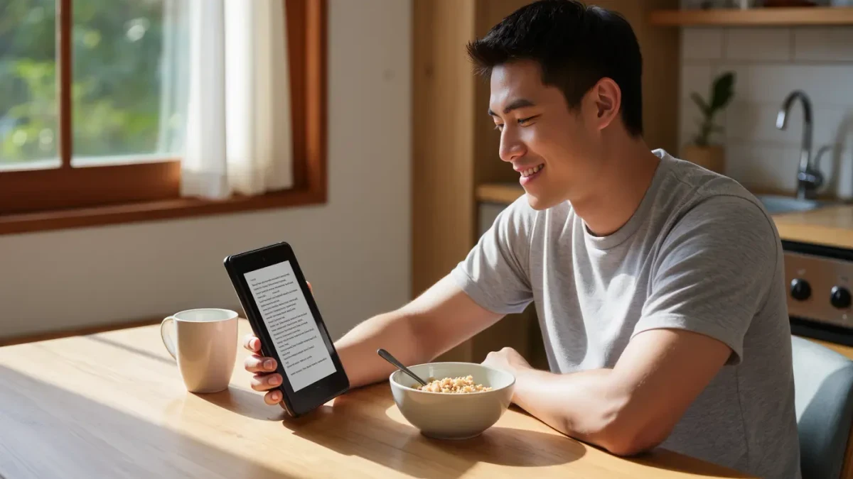 Reader holding a basic e-reader at a sunny breakfast table