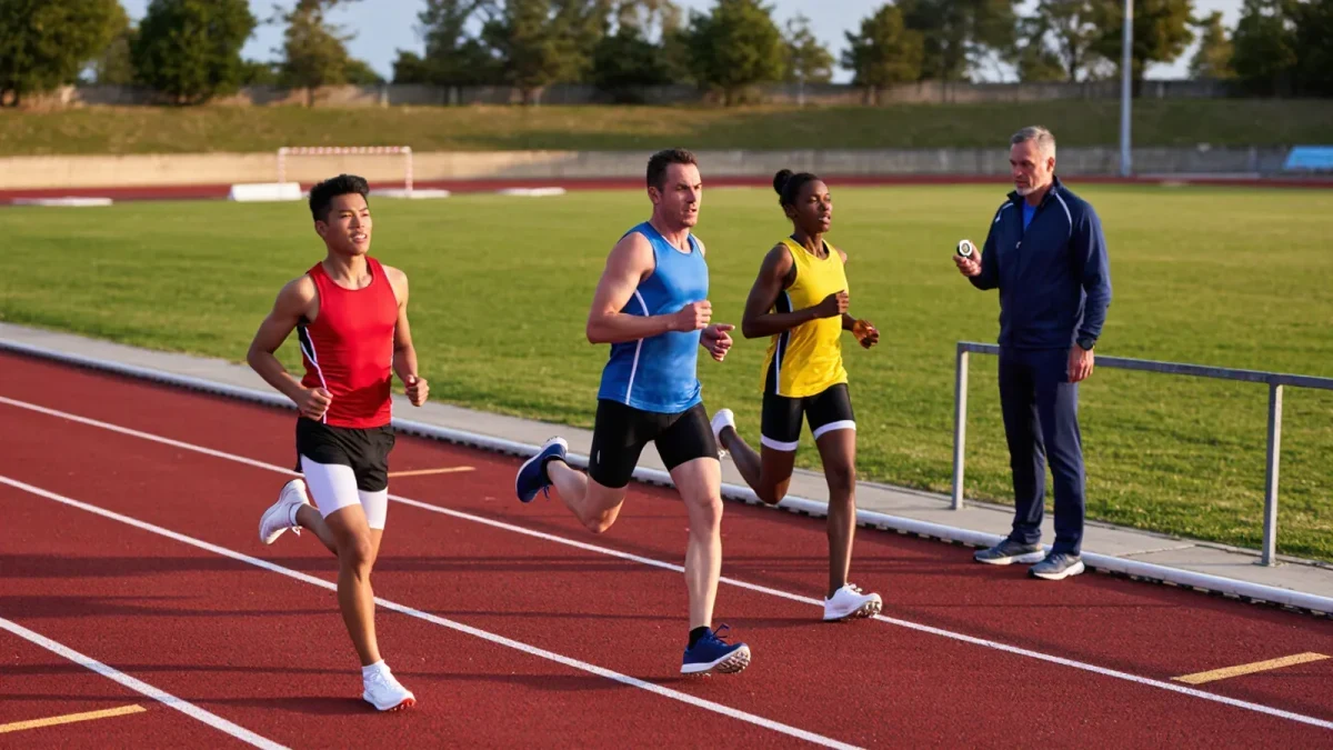 Distance runners doing short race-pace strides on a track