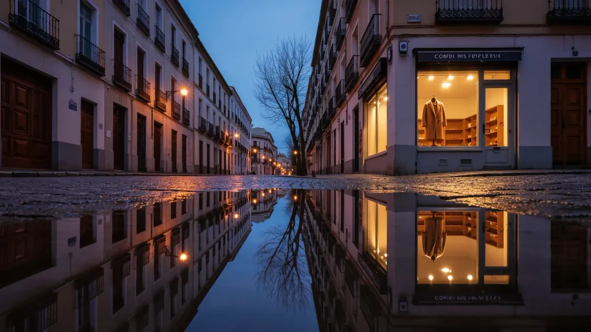 Empty winter city street scene with coat shop window glowing at dusk