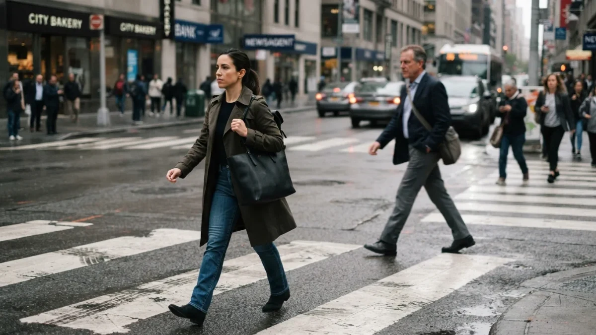 Two pedestrians walking opposite directions on a city crosswalk
