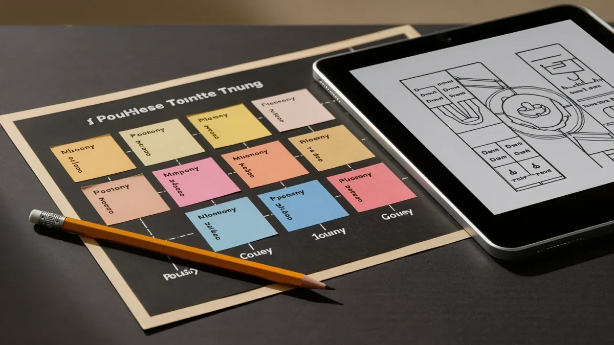 Close-up of a storyboard document and color-coded curriculum cards under studio light