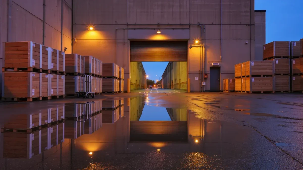 Art crates on a museum loading dock at dusk, freight doors open