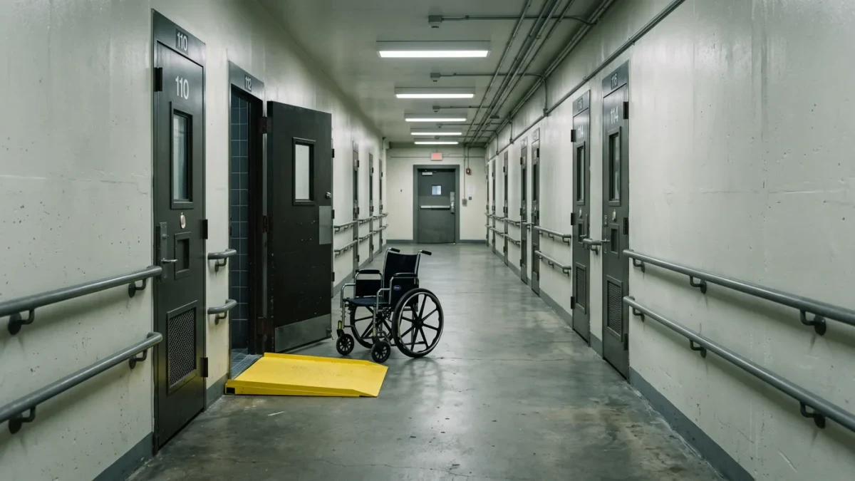 Wide accessible prison corridor with handrails and a wheelchair parked outside a cell