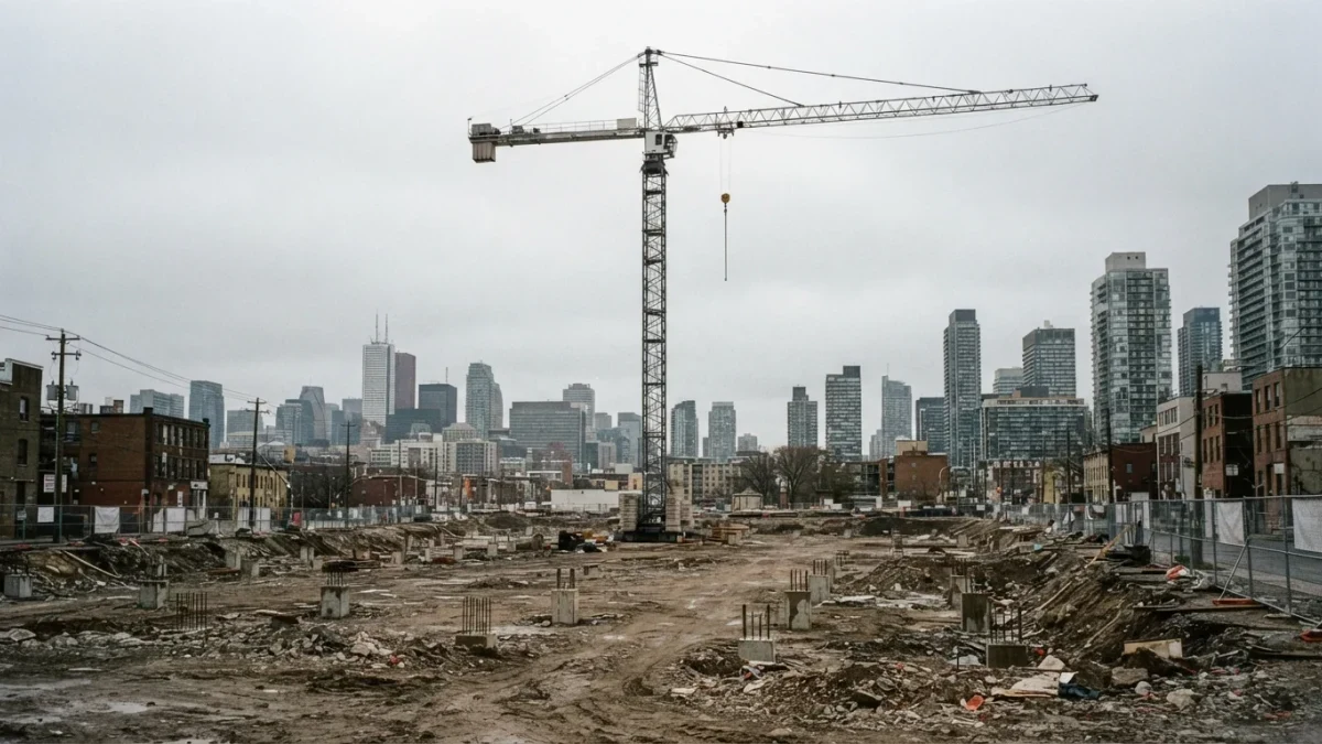 Photojournalistic scene of one tall crane among empty lots