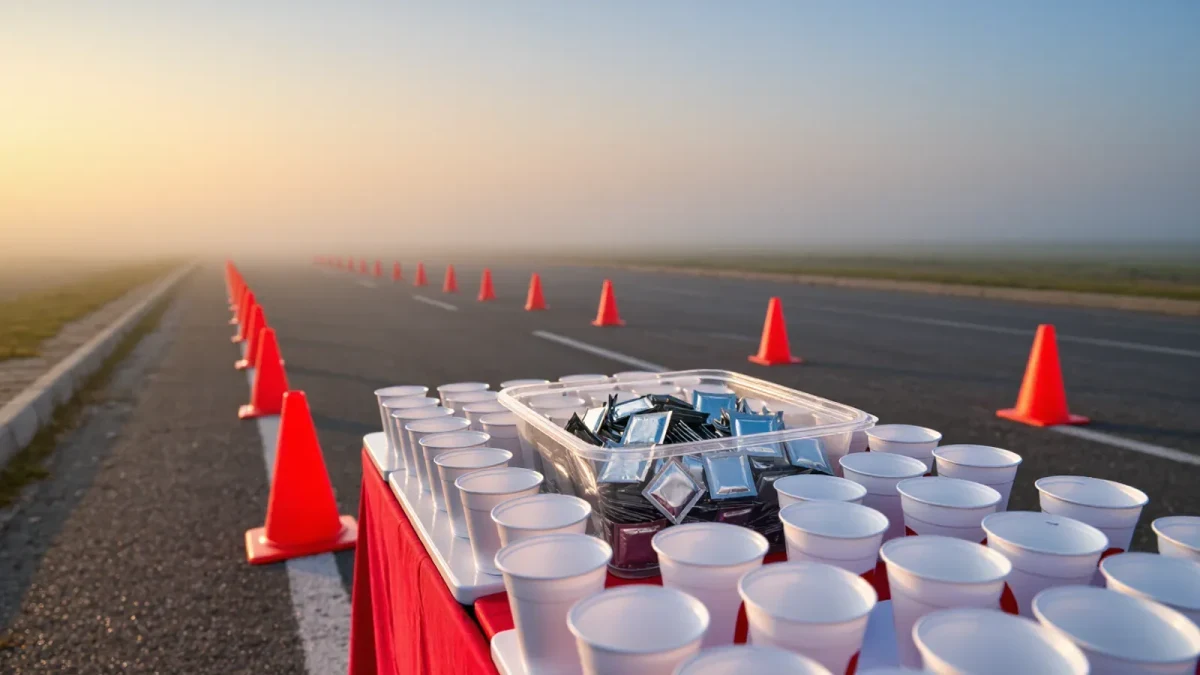 Marathon aid station table with water cups and energy gels
