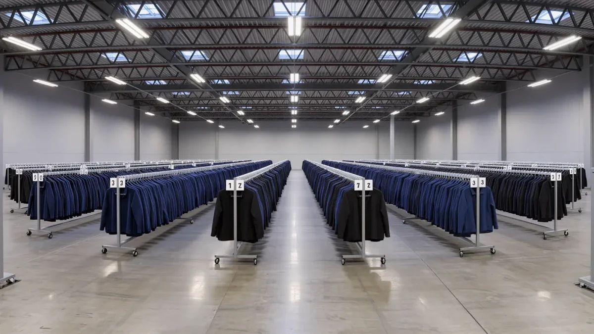 Neatly racked identical work uniforms in a garment supplier warehouse