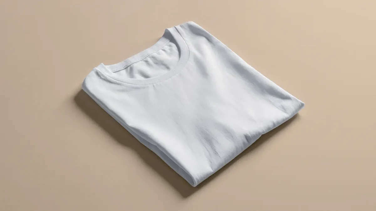 Close-up of a white cotton t-shirt folded on a neutral studio surface