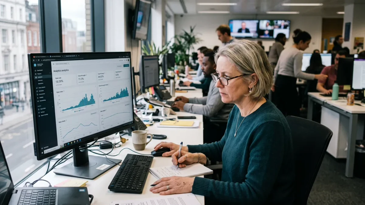 Editor reviewing newsletter analytics dashboard on office monitor