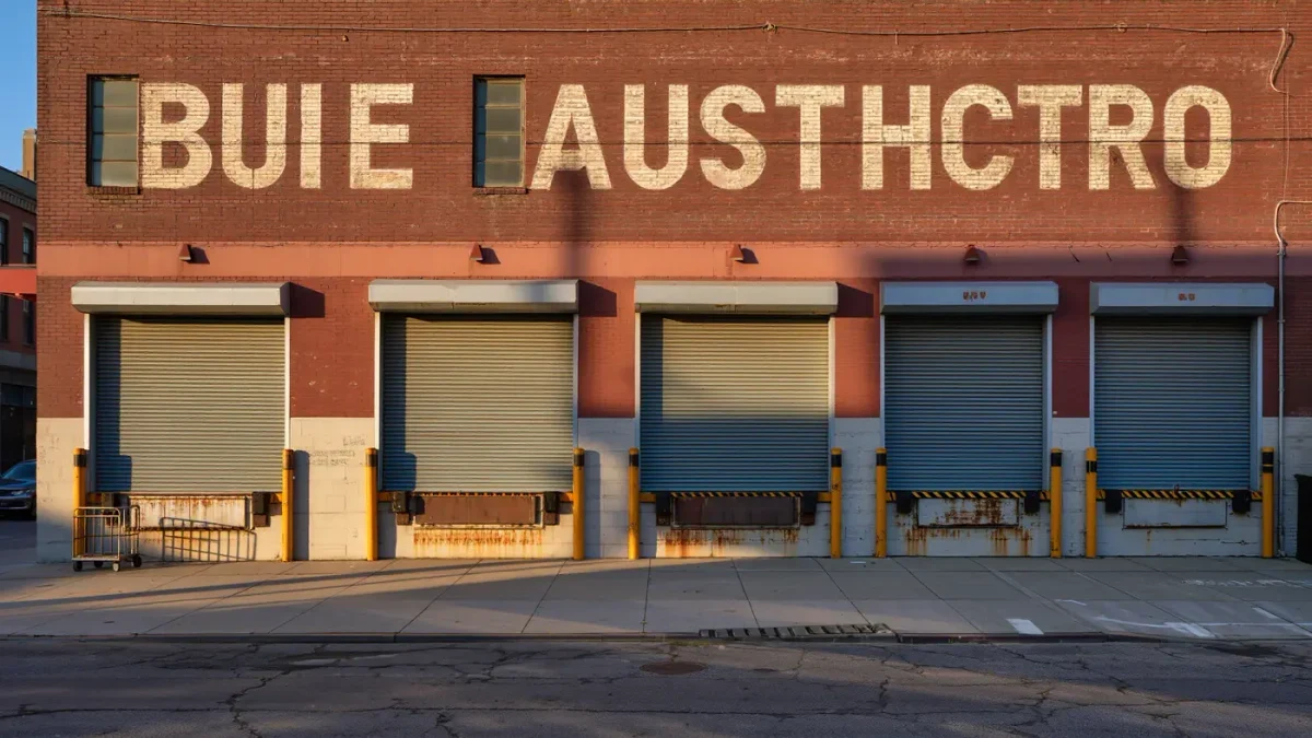 Industrial facade with roll-up steel gates in afternoon light