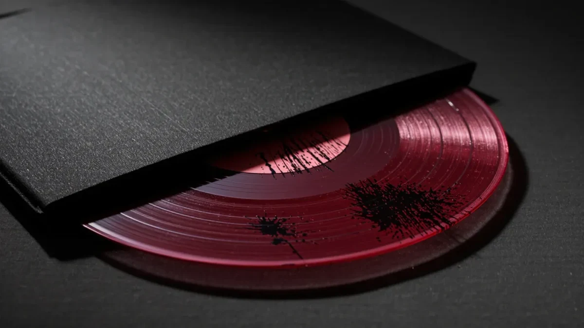 Translucent red vinyl record half-slipped from a gatefold soundtrack sleeve under studio light