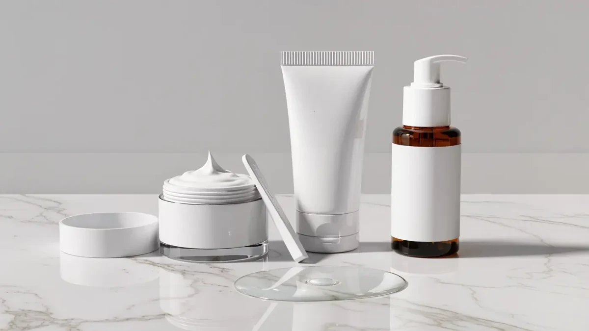 Three unbranded moisturizer containers on a marble counter with a cream spatula
