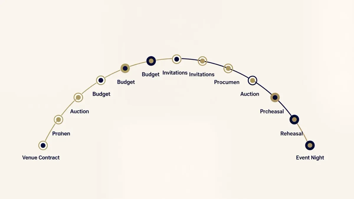 Twelve-month gala planning timeline infographic with milestone markers