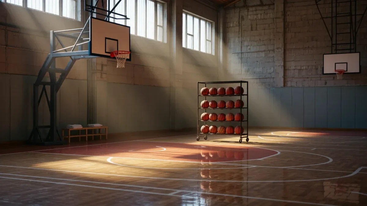 Empty basketball practice court in cold morning light
