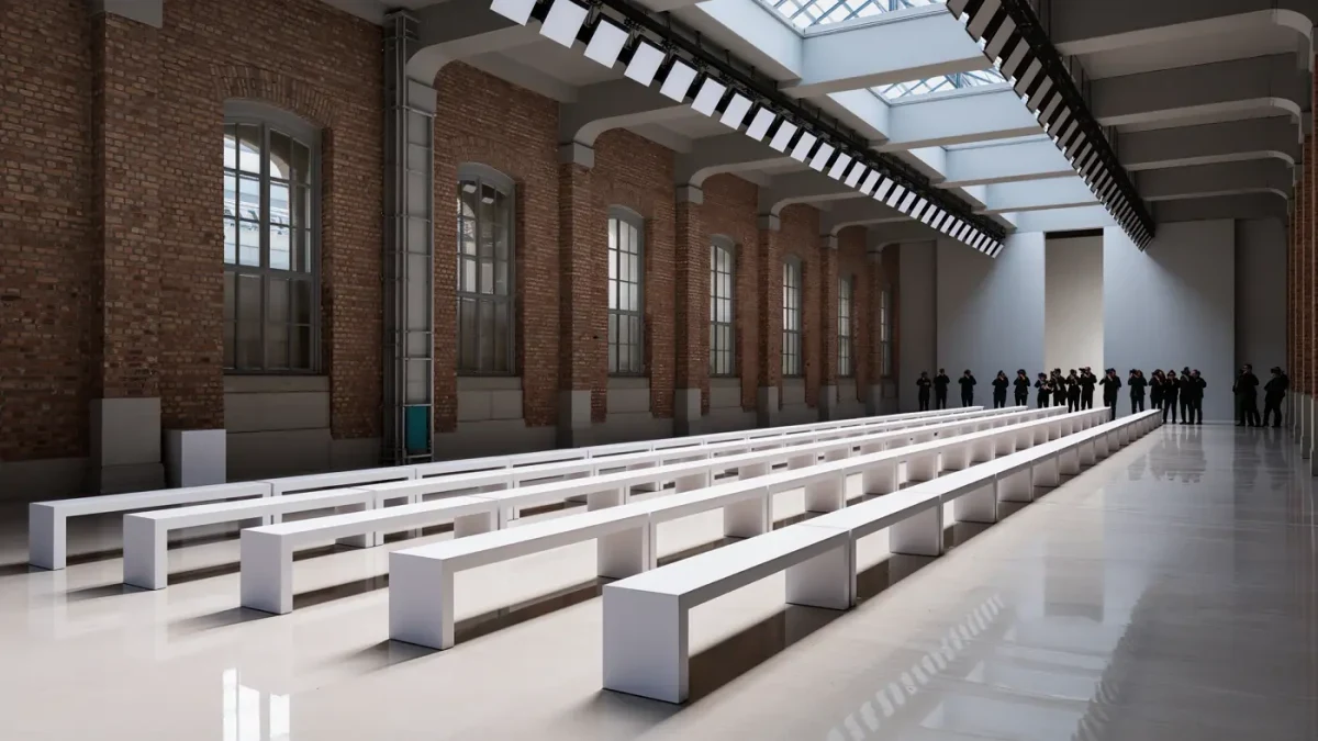 Empty fashion week venue with rows of white seats and photographers gathering before a show