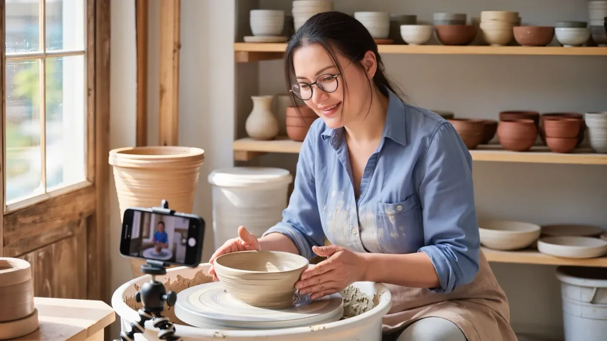 Potter filming her spinning wheel with a phone on a small tripod