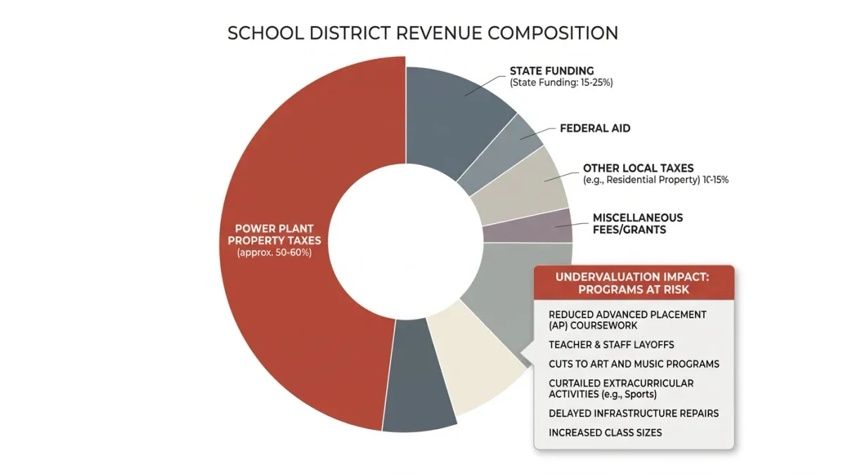 Infographic of a school budget donut dominated by one facility's taxes