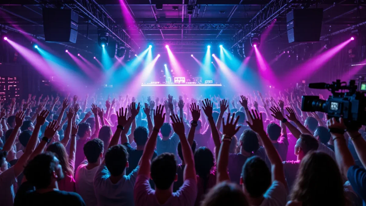 Diverse young crowd dancing with backs to camera toward a DJ booth