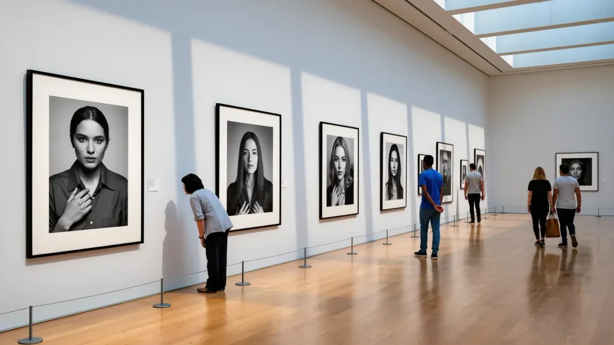Visitors viewing black-and-white prints in a museum gallery