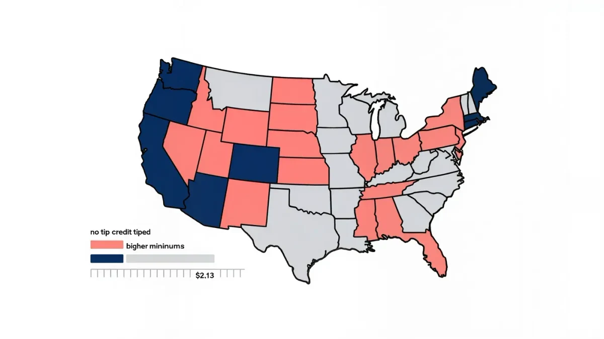 Infographic map of state tipped wage approaches