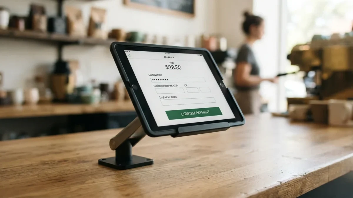 Tablet on service-business counter showing payment checkout screen