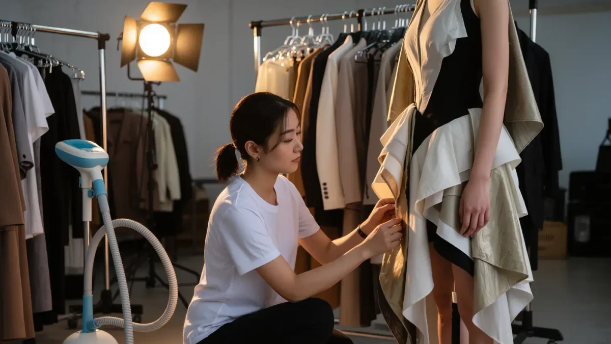 Young designer adjusting a look backstage before a school fashion show