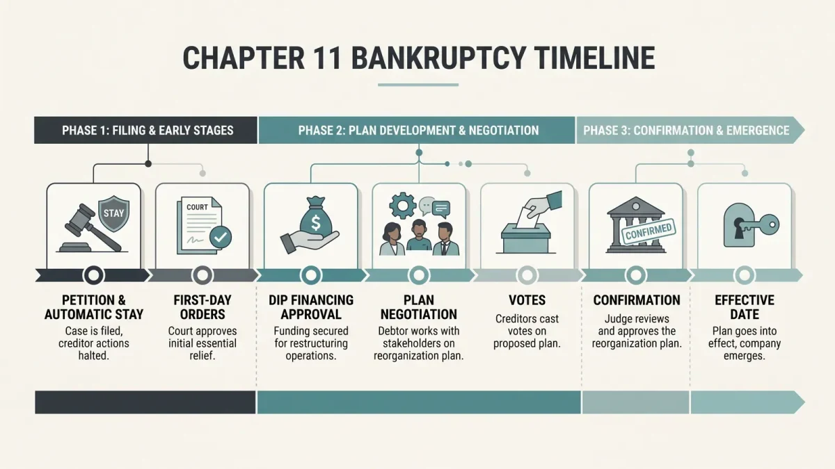 Infographic of the Chapter 11 timeline from petition to plan confirmation