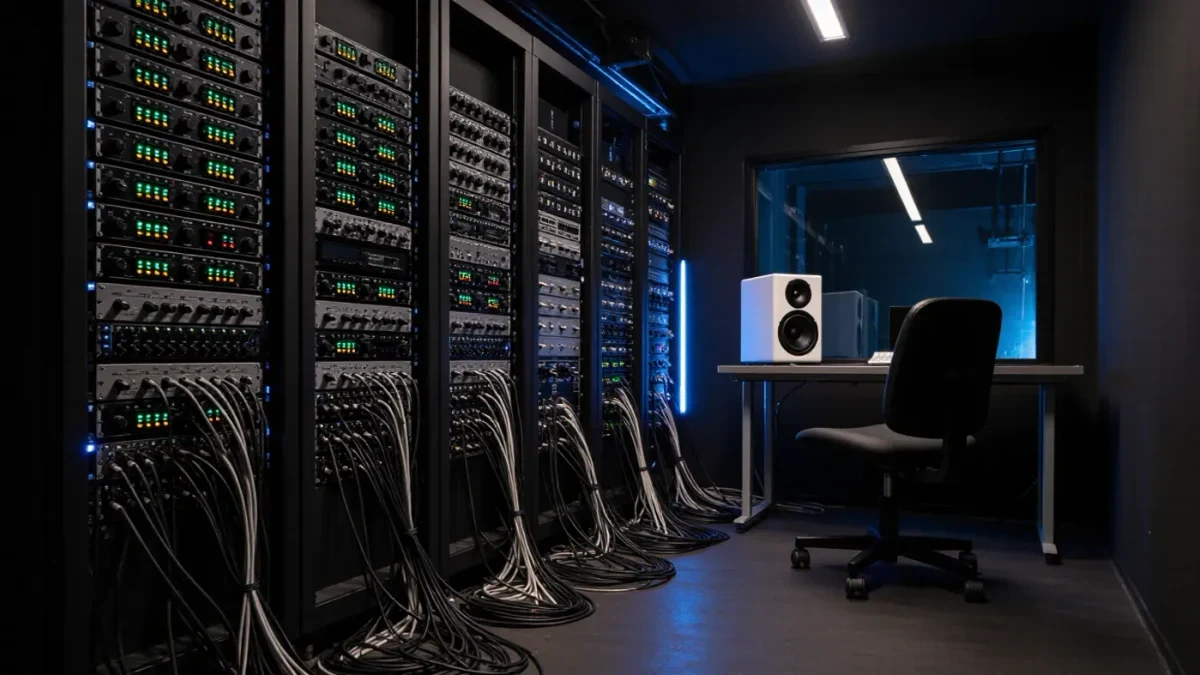 Studio machine room with glowing audio interface rack after a session