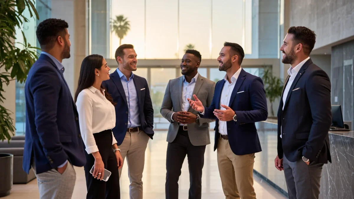 Industry professionals talking informally in a modern agency lobby