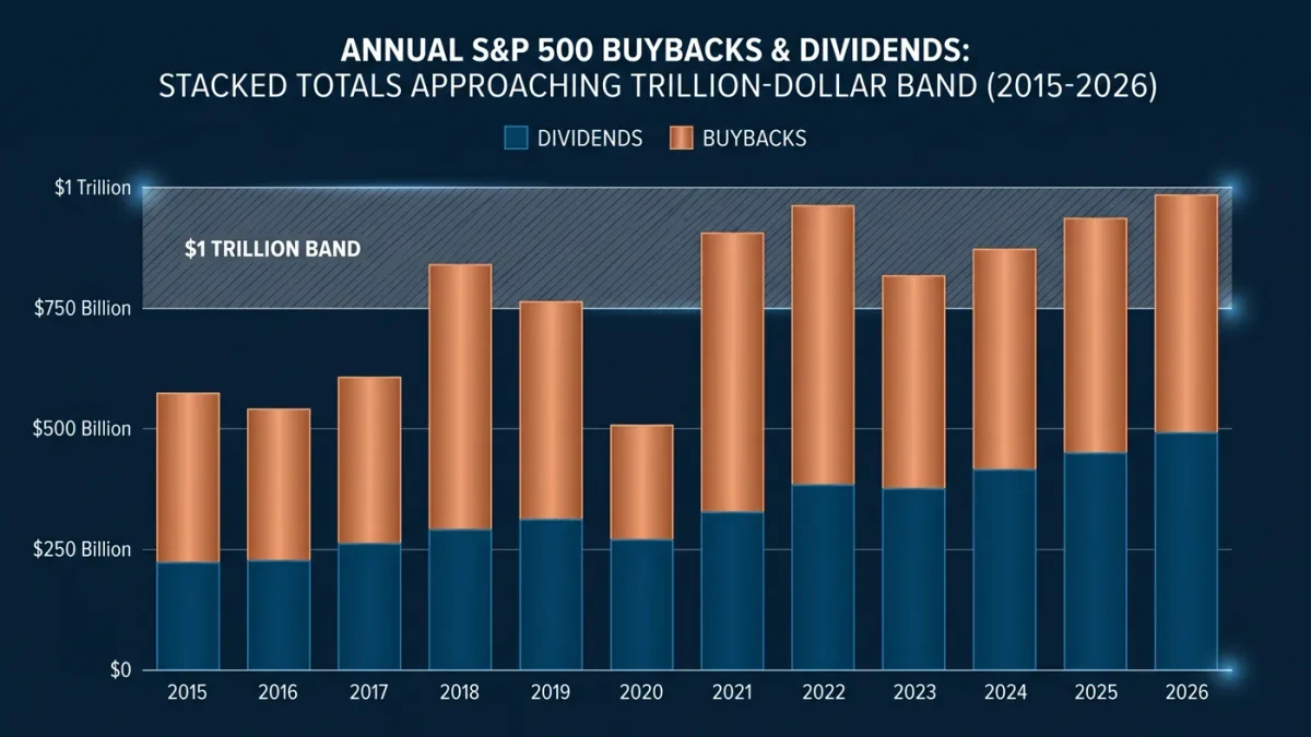 Chart of annual S&P 500 buybacks and dividends near record highs