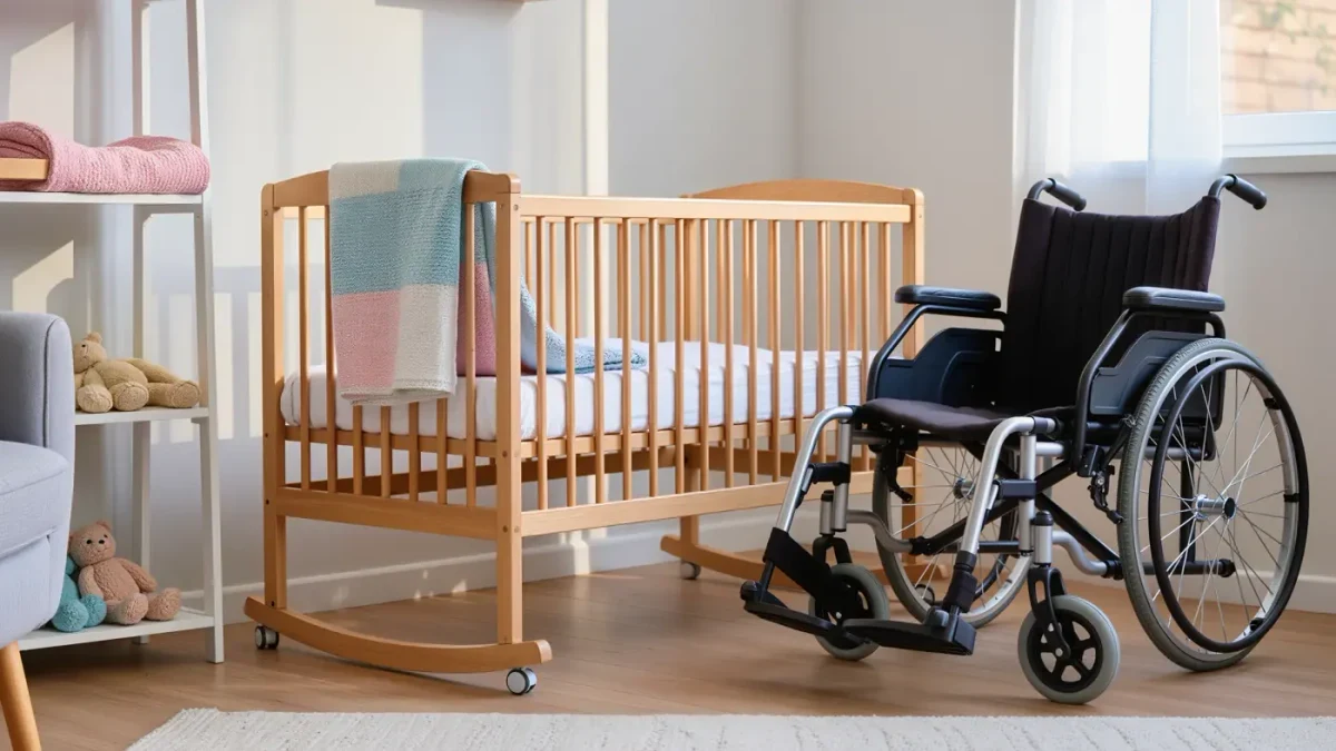 A side-opening adaptive crib positioned beside a wheelchair in a nursery