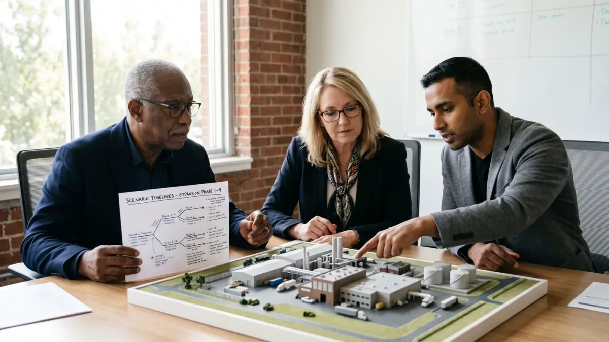 Executives weighing capex scenarios at a plant planning table