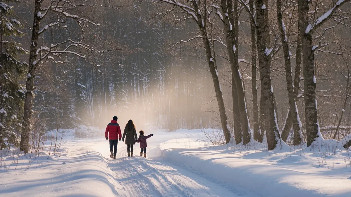 Family walking together through winter woods, seen from behind