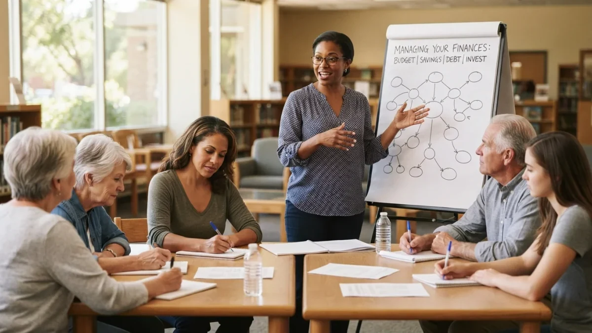 Adults of varied ages attending a community workshop about blockchain validation