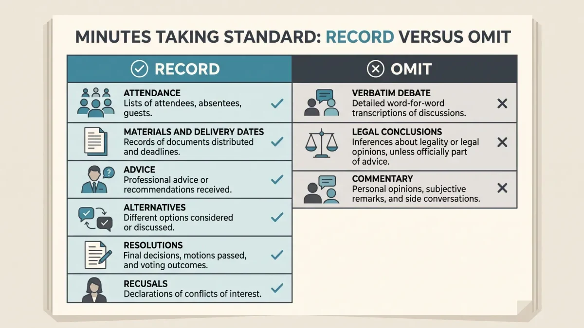 Infographic of what board minutes must capture versus omit