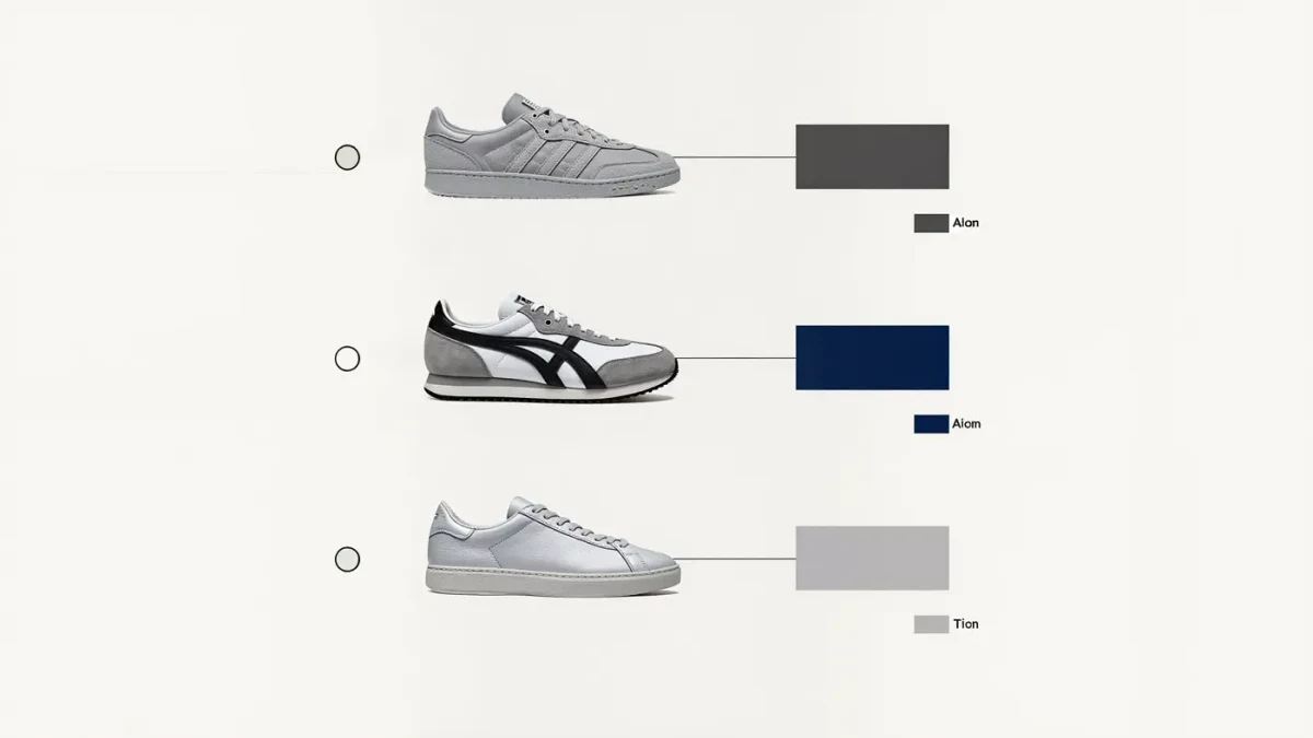 Minimal editorial chart comparing three sneaker silhouettes against suit tones with hem-length guide lines