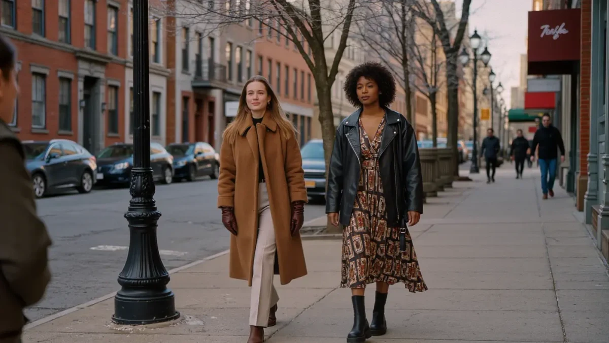 Two women in contrasting New York street styles crossing paths