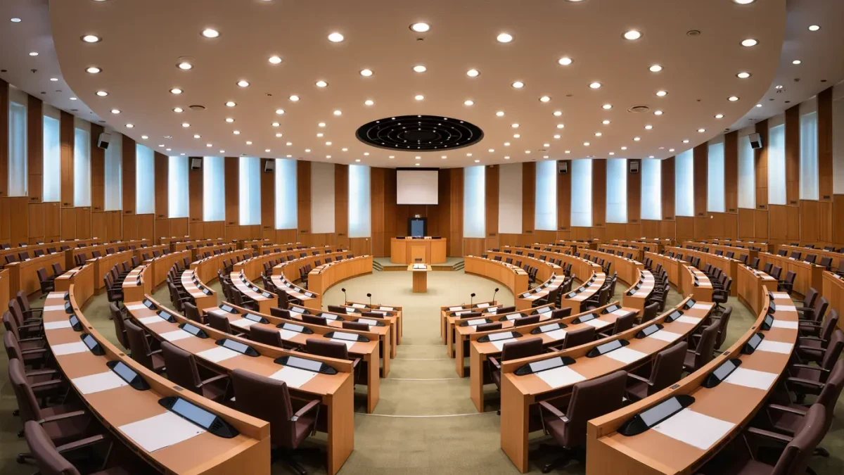Empty Synod Hall with curved rows of desks before a meeting