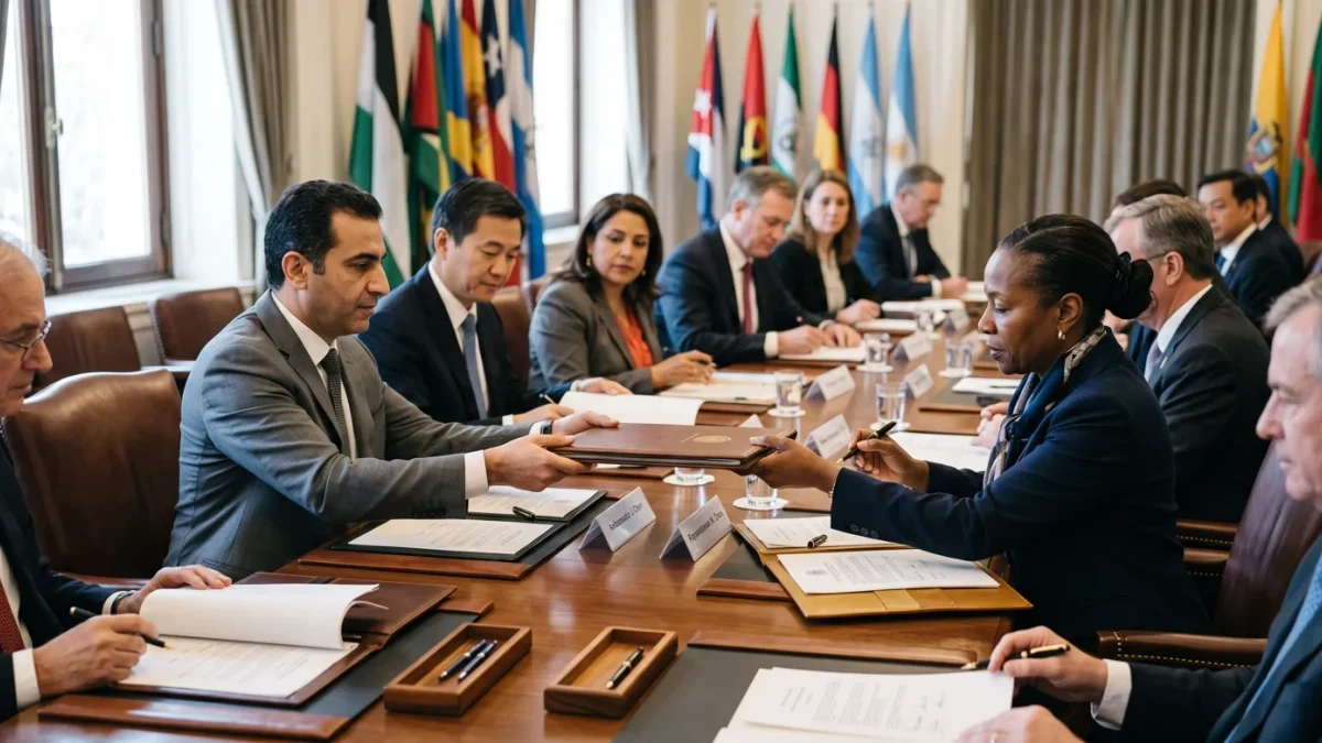 Diplomats exchanging instruments of ratification across a treaty table