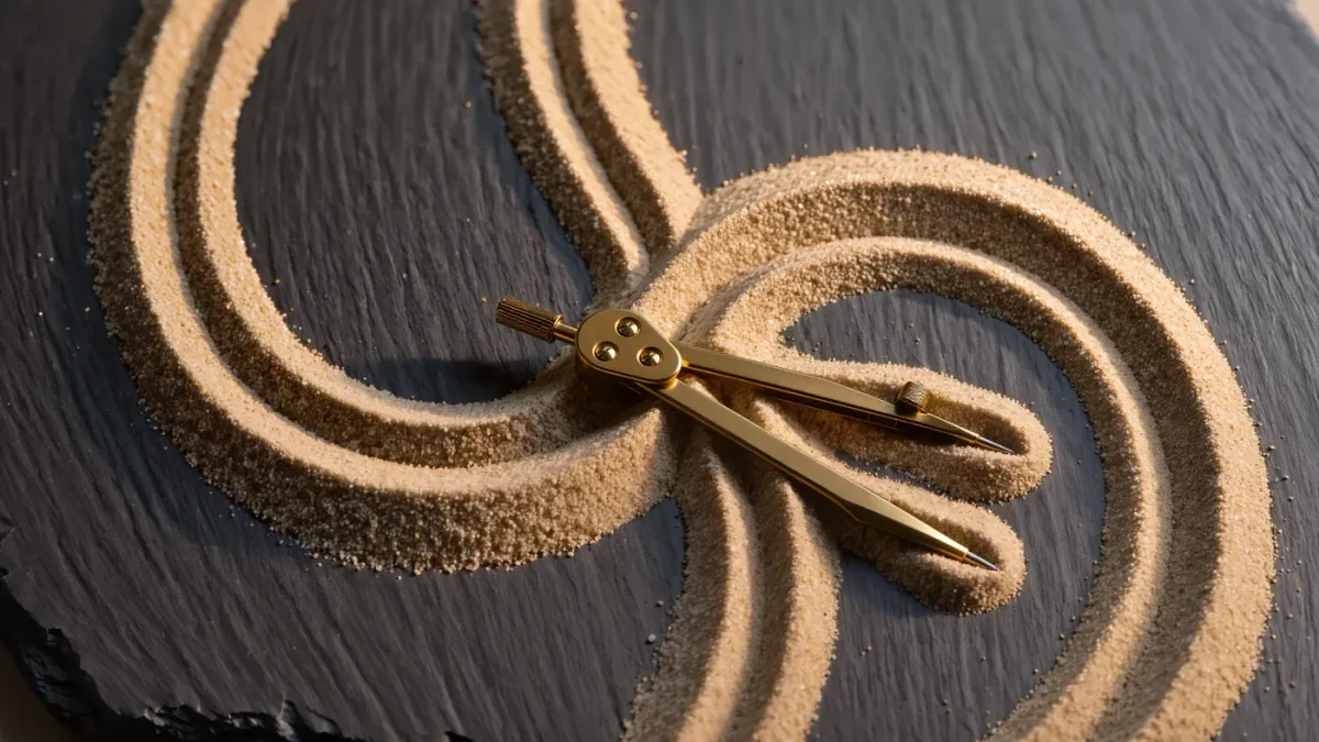 Close-up of a sand pathway with three overlapping traced arcs