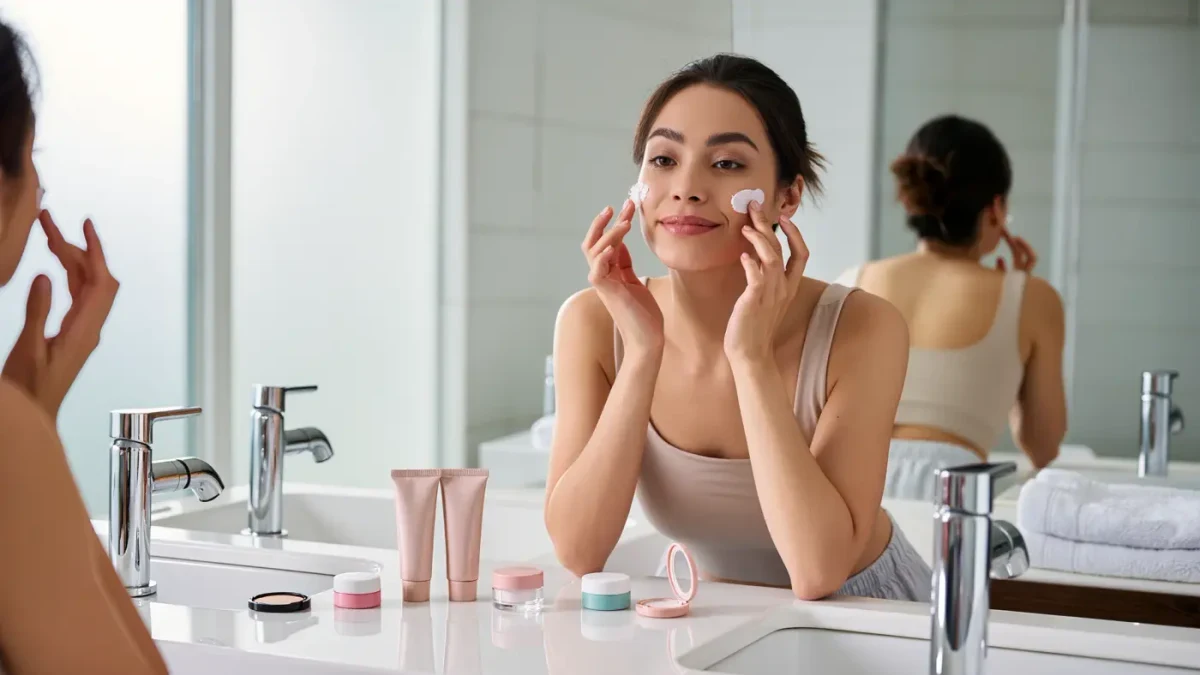 Young woman learning makeup at a bathroom mirror in soft morning light