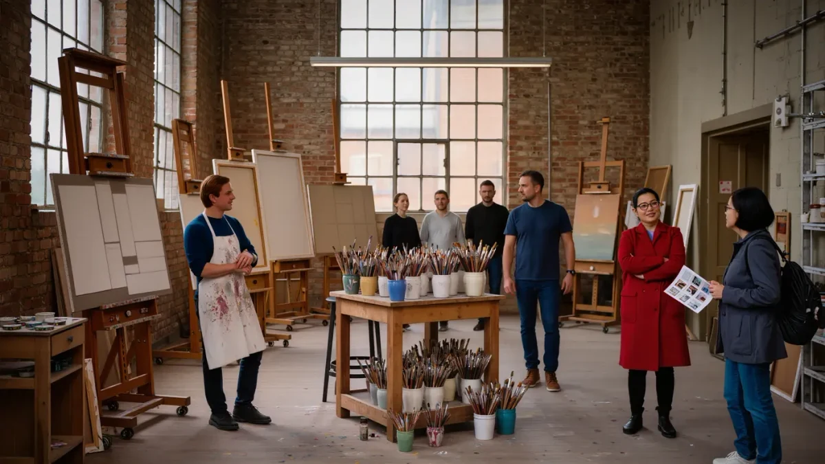 Visitors talking with painters inside a sunlit Gowanus studio