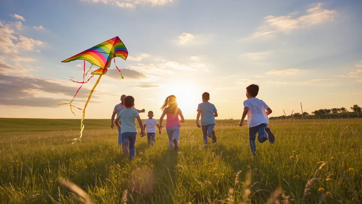 Children seen from behind flying a kite in an open meadow