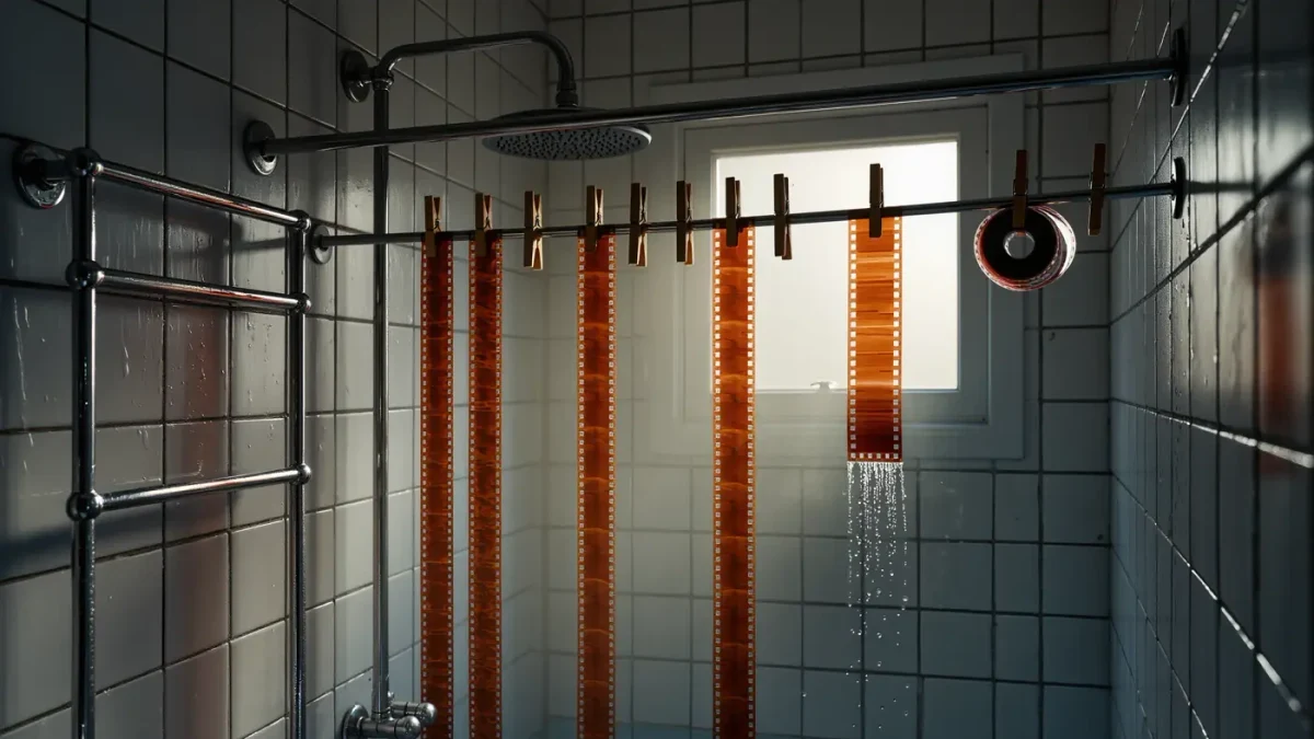 Film strips hanging from a shower rod in steamy bathroom