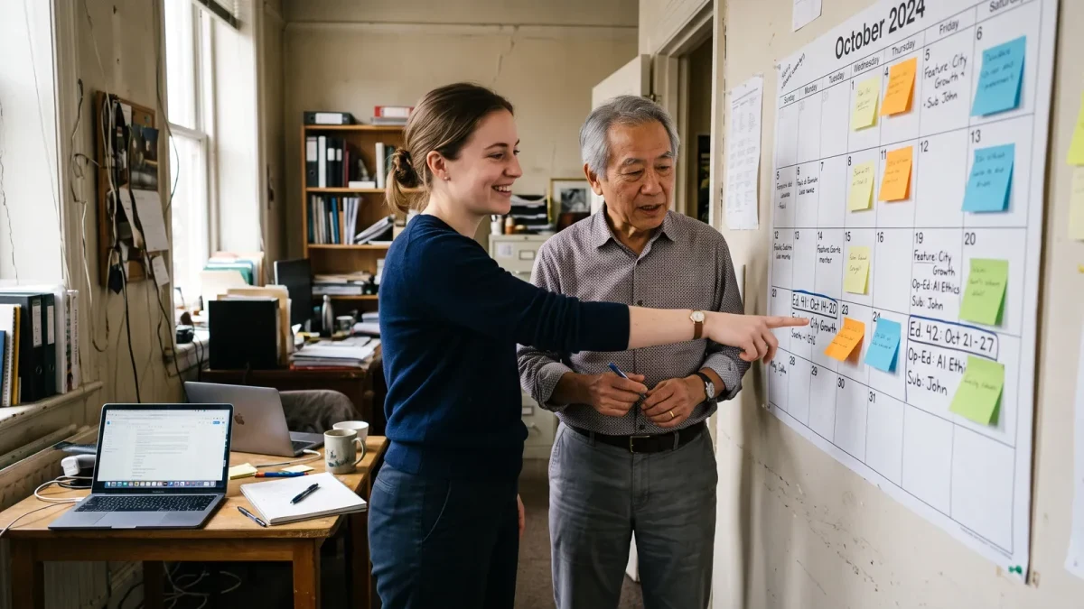 Editor and writer planning a week of newsletter editions on a wall calendar