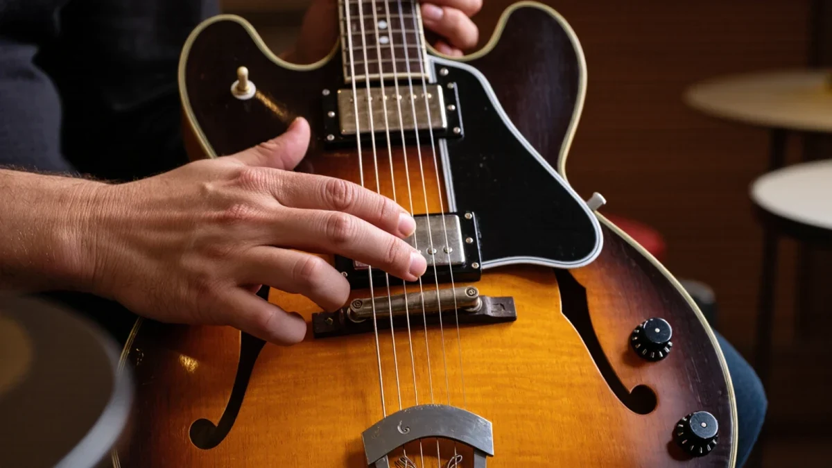 A guitarist's right thumb resting on the humbuckers of a large hollow-body archtop