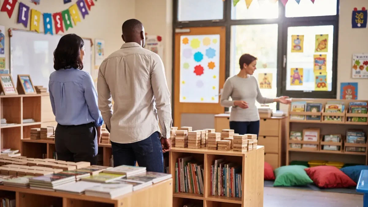 Parents touring a bright preschool classroom during an open house